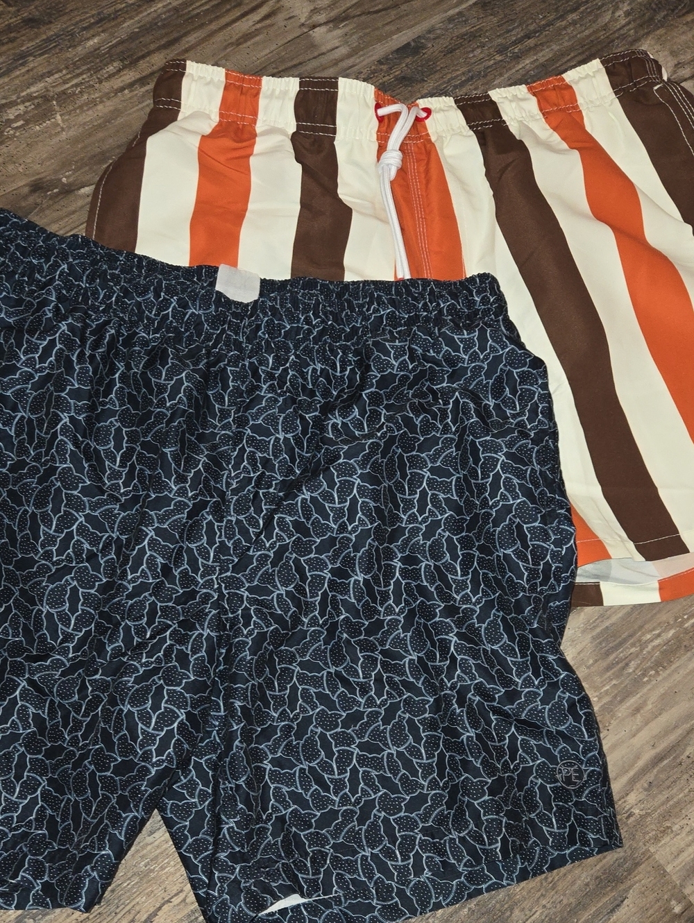 Mens Medium Swim Shorts - Orange/Brown Stripe & Navy Floral Set (2 Pair)